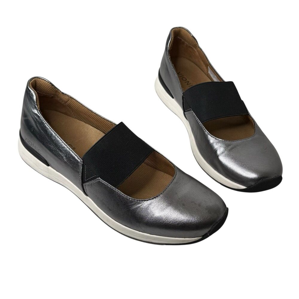 Vionic Cadee Mary Jane Shoes Womens 10 Pewter Metallic Leather Arch Support